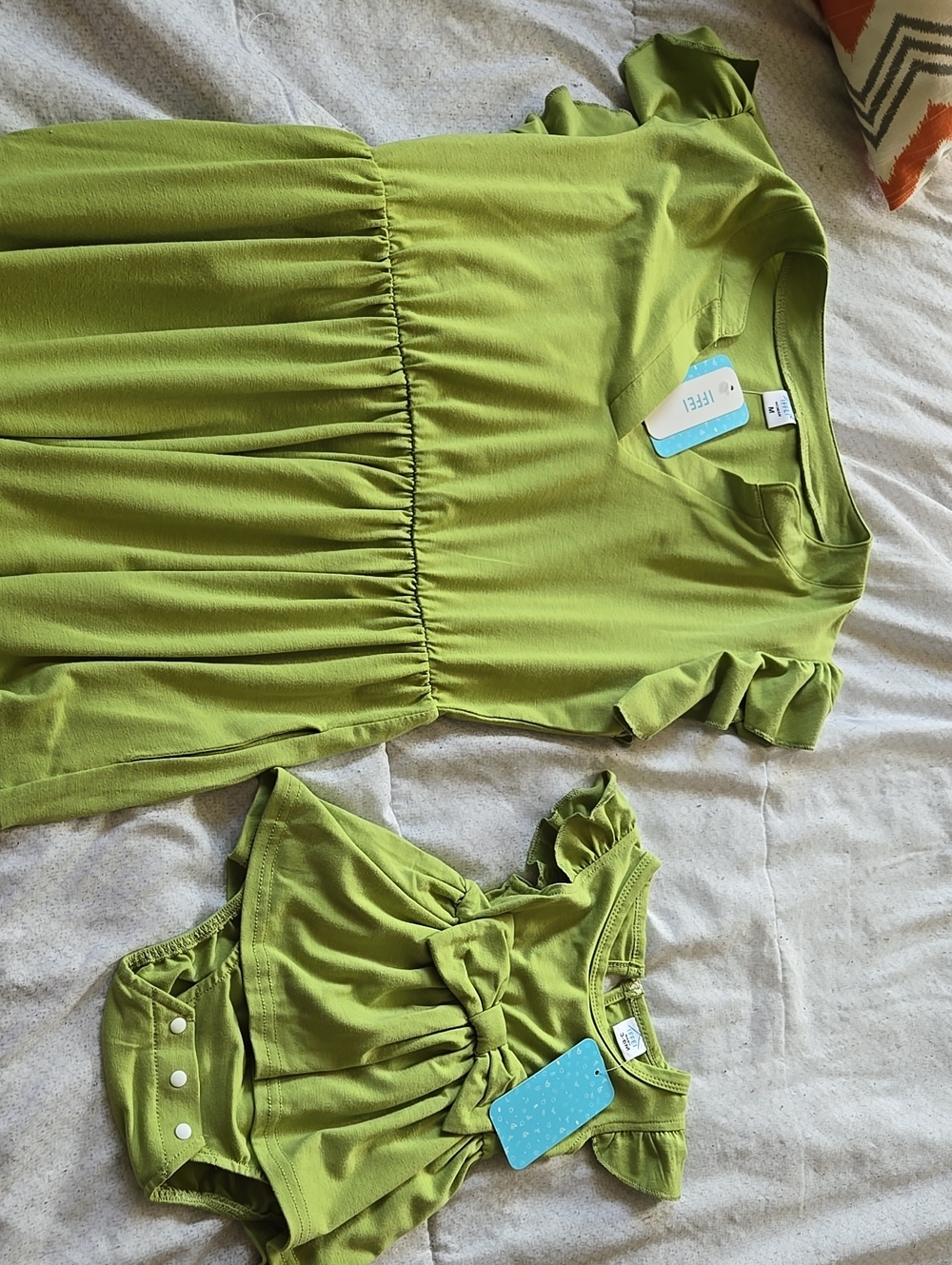 Mommy And Me Matching Set. Women's Green Ruffle Sleeve Top & Baby One Piece